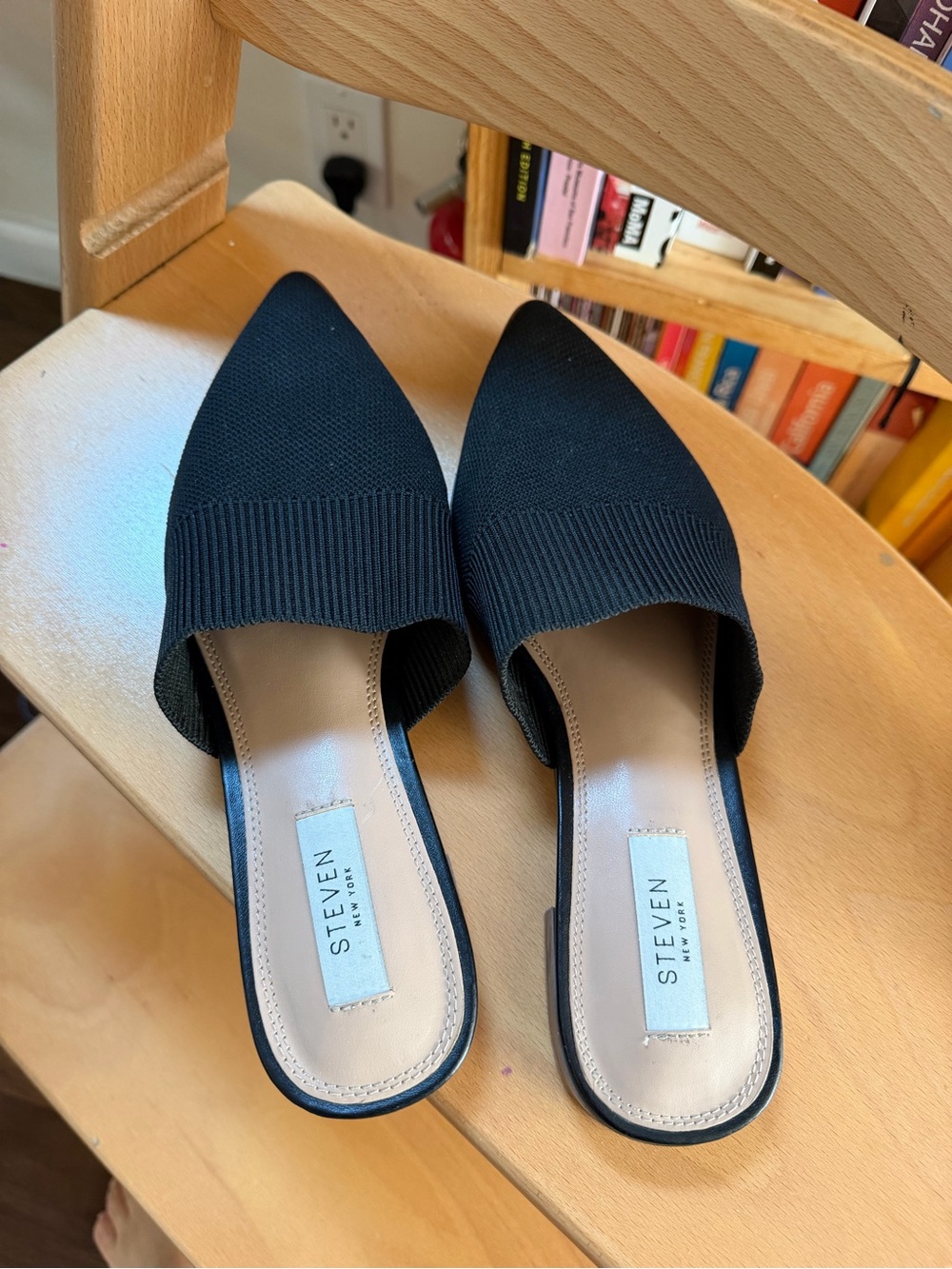 STEVEN Black Pointed Knit Slip-On Mules
